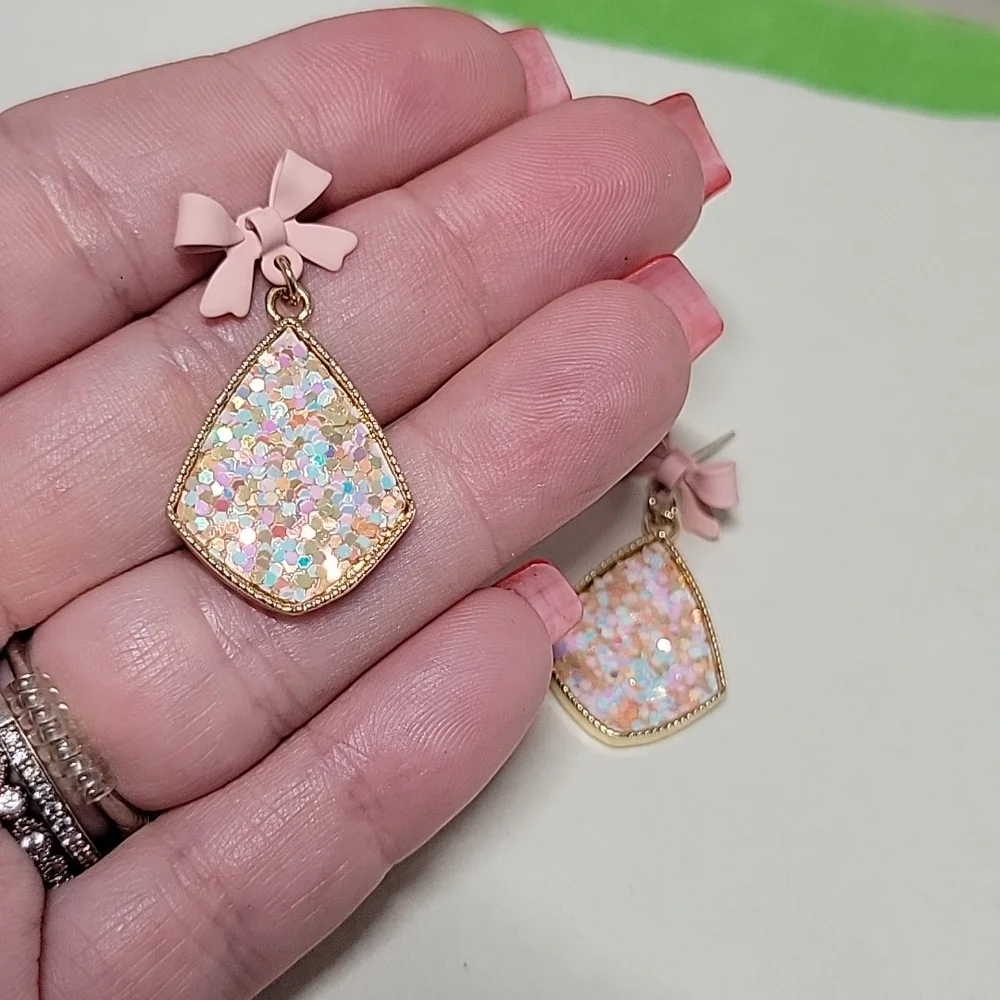 Confetti Shimmer Bow Drop Earrings, S925 - Picture 6 of 7